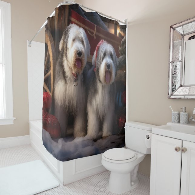 Old English Sheepdog Snowy Sleigh Christmas Decor  Shower Curtain (In Situ)