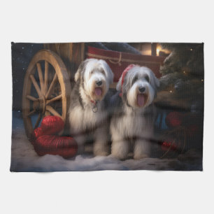 Old English Sheepdog Snowy Sleigh Christmas Decor  Tea Towel