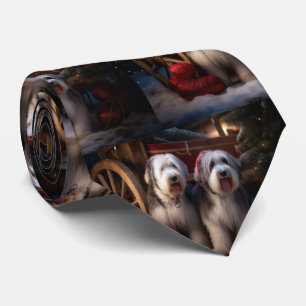 Old English Sheepdog Snowy Sleigh Christmas Decor  Tie