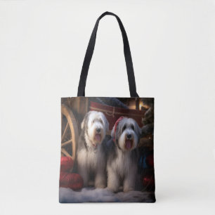 Old English Sheepdog Snowy Sleigh Christmas Decor  Tote Bag