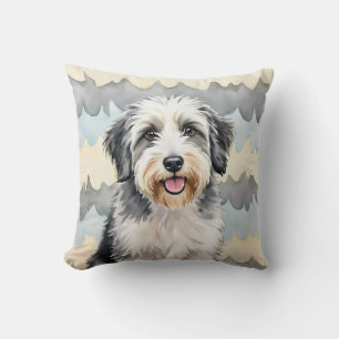 Old English Sheepdog Watercolor Fringe Texture Art Cushion