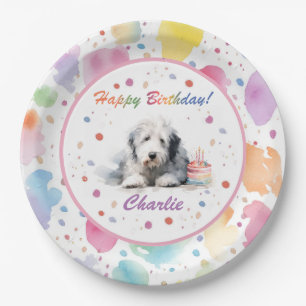 Old English Sheepdog Watercolor Paper Plate
