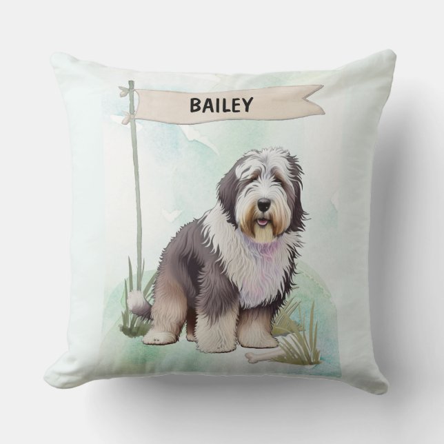 Old English Sheepdog Watercolor Personalised Dog Cushion (Front)