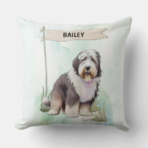 Old English Sheepdog Watercolor Personalized Dog Cushion
