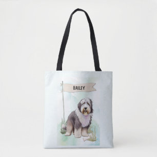 Old English Sheepdog Watercolor Personalized Dog Tote Bag