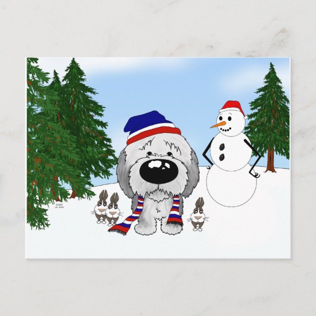 Old English Sheepdog Winter Scene Postcard (Front)