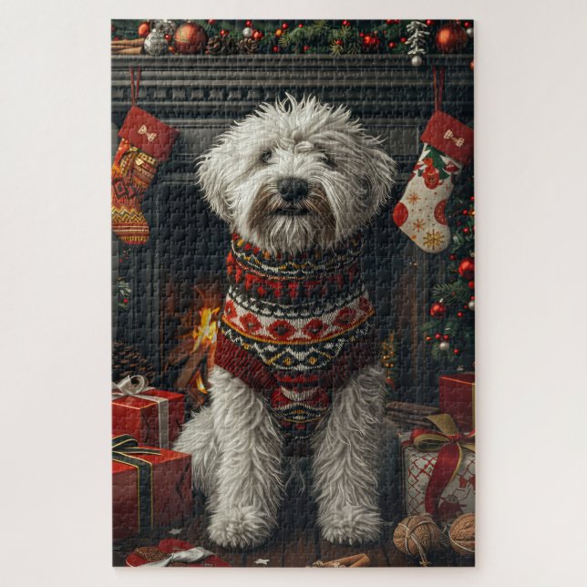 Old English Sheepdog With Christmas Gift Fireplace Jigsaw Puzzle (Vertical)