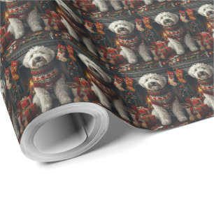 Old English Sheepdog With Christmas Gift Fireplace Wrapping Paper