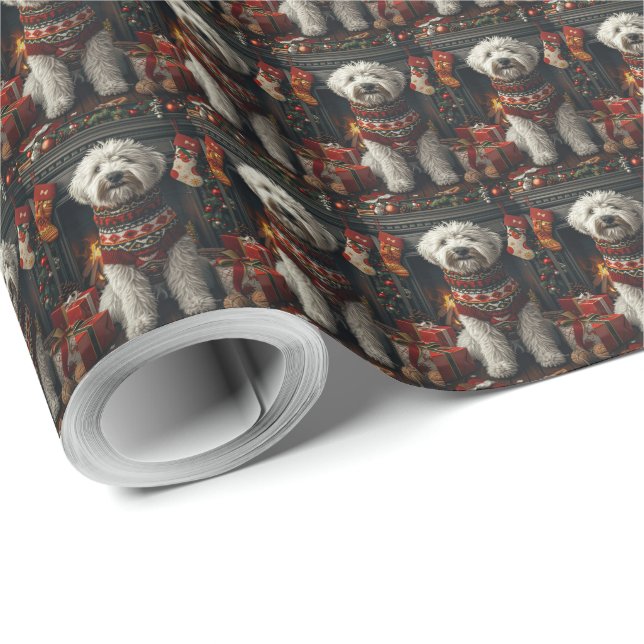 Old English Sheepdog With Christmas Gift Fireplace Wrapping Paper (Roll Corner)