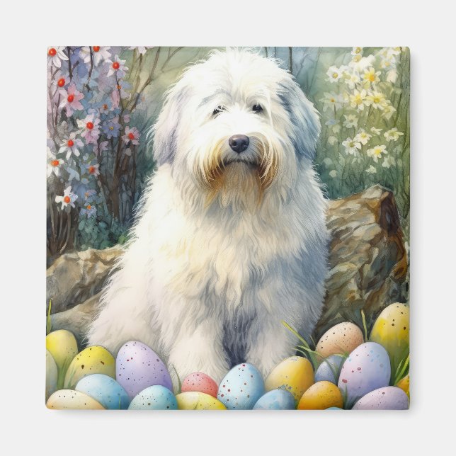 Old English Sheepdog with Easter Eggs Holiday Magnet (Front)