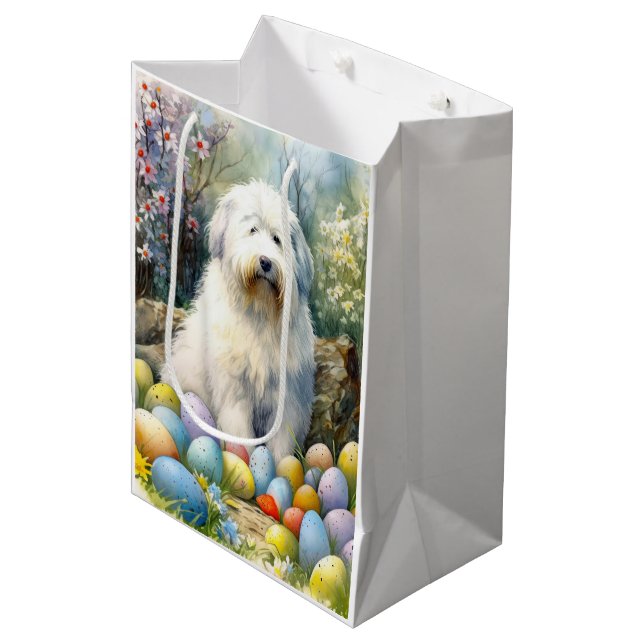 Old English Sheepdog with Easter Eggs Holiday Medium Gift Bag (Front Angled)