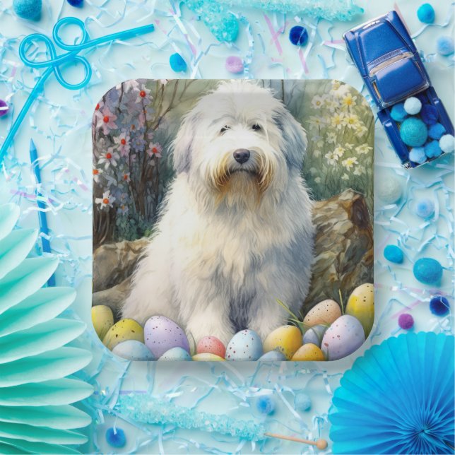 Old English Sheepdog with Easter Eggs Holiday Paper Plate (Party)