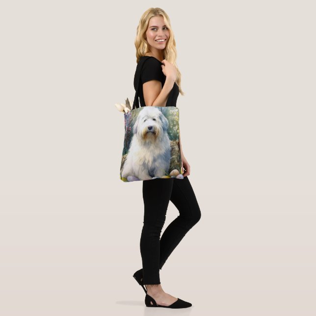 Old English Sheepdog with Easter Eggs Holiday Tote Bag (On Model)