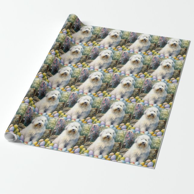 Old English Sheepdog with Easter Eggs Holiday Wrapping Paper (Unrolled)