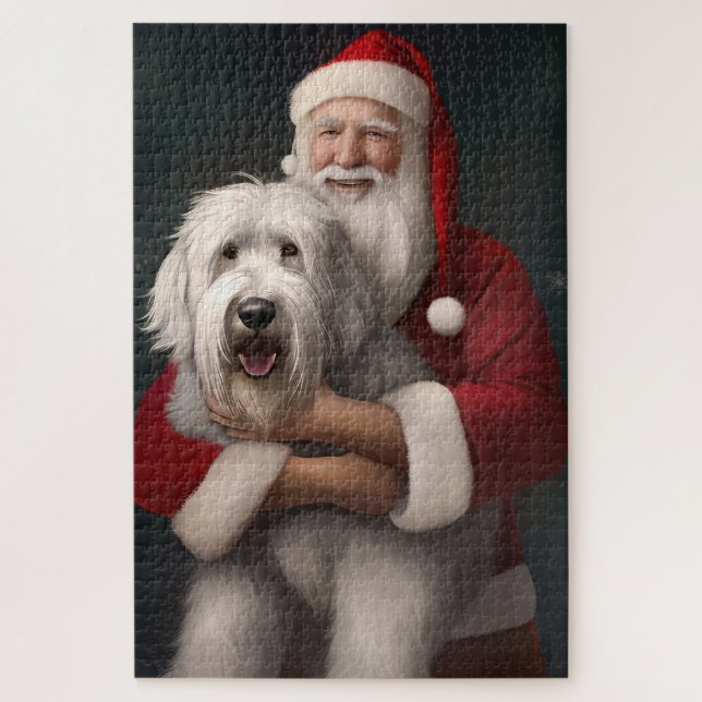 Old English Sheepdog With Santa Claus Festive Jigsaw Puzzle (Vertical)
