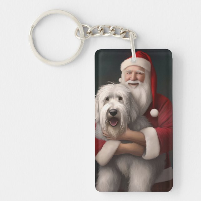 Old English Sheepdog With Santa Claus Festive Key Ring (Front)