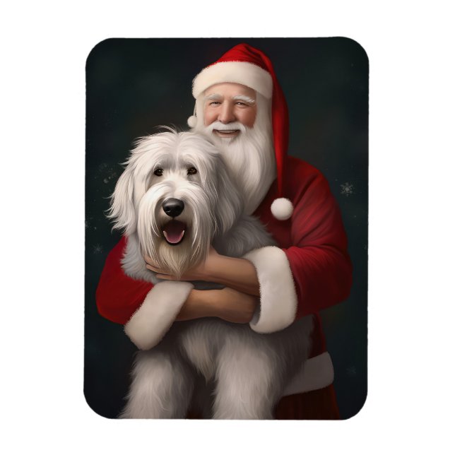 Old English Sheepdog With Santa Claus Festive Magnet (Vertical)