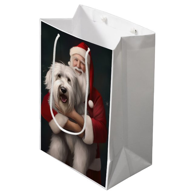 Old English Sheepdog With Santa Claus Festive Medium Gift Bag (Front Angled)
