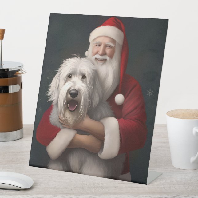 Old English Sheepdog With Santa Claus Festive Pedestal Sign (In SItu)
