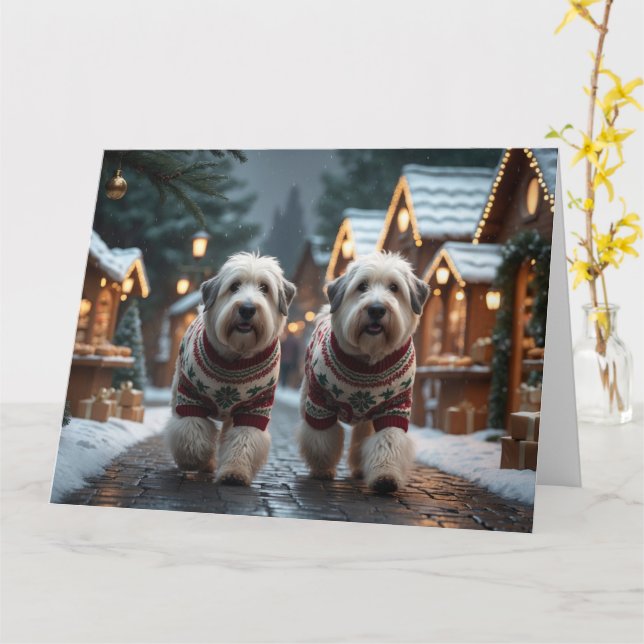 Old English Sheepdogs Christmas Snow Holiday Card (Yellow Flower)