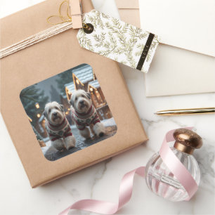 Old English Sheepdogs Christmas Snow Holiday Square Sticker