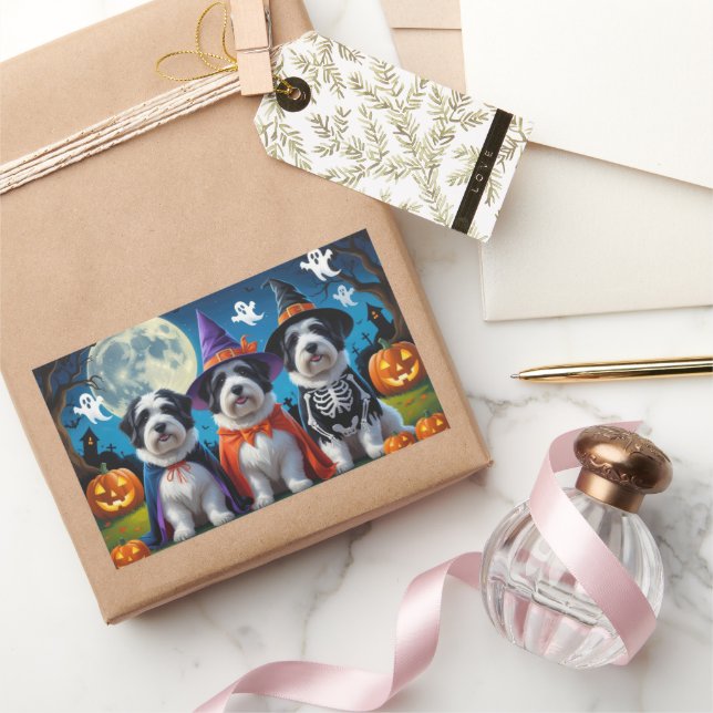 Old English Sheepdogs Pumpkin Halloween Funny Rectangular Sticker (Gifting)