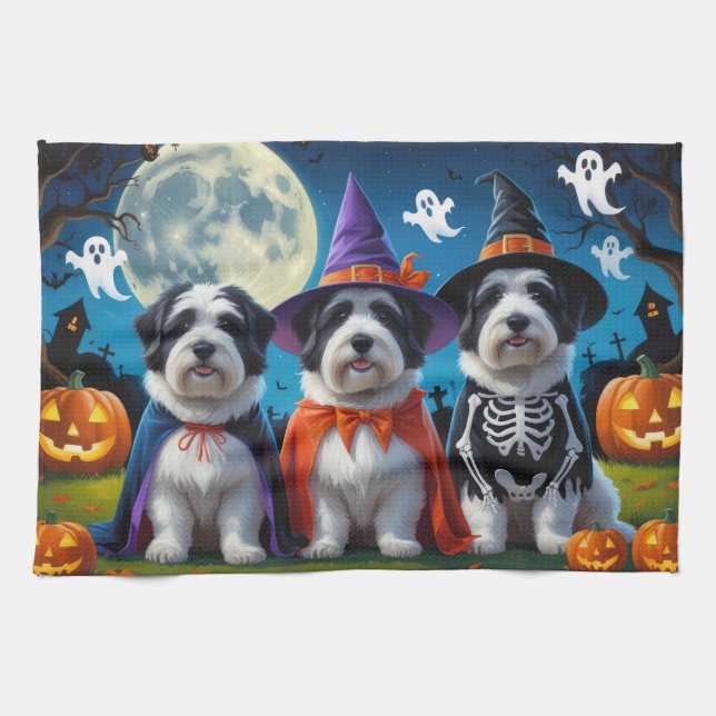 Old English Sheepdogs Pumpkin Halloween Funny Tea Towel (Horizontal)