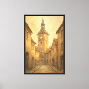 Old European Clock Tower Vintage Engraving Canvas Print
