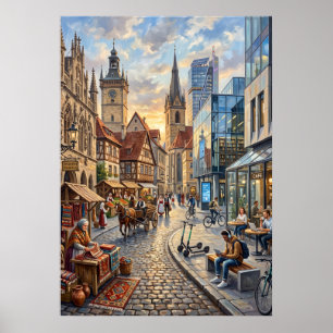 Old European Street Cityscape Poster