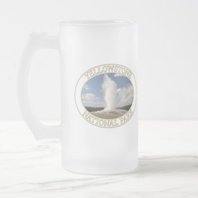 Old Faithful Geyser at Yellowstone National Park Frosted Glass Beer Mug (Left)