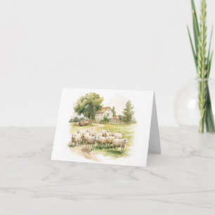Old Farm House with Herd of Sheep BLANK  Card
