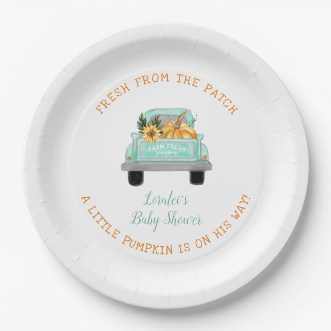 Old Farm Truck With Pumpkin Fall Baby Shower Paper Plate (Front)