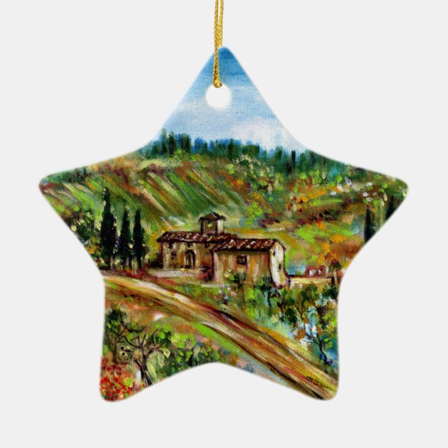 OLD FARMHOUSE IN TUSCANY LANDSCAPE CERAMIC TREE DECORATION (Front)