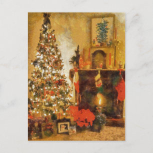 Old Fashion Christmas Tree And Fireplace Holiday Postcard