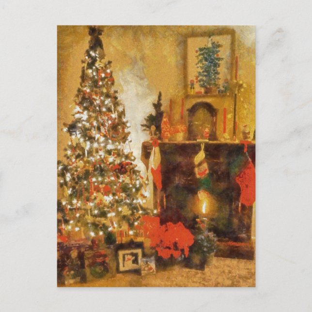 Old Fashion Christmas Tree And Fireplace Holiday Postcard (Front)