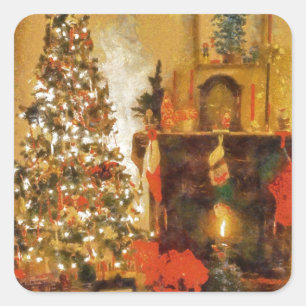 Old Fashion Christmas Tree And Fireplace Square Sticker