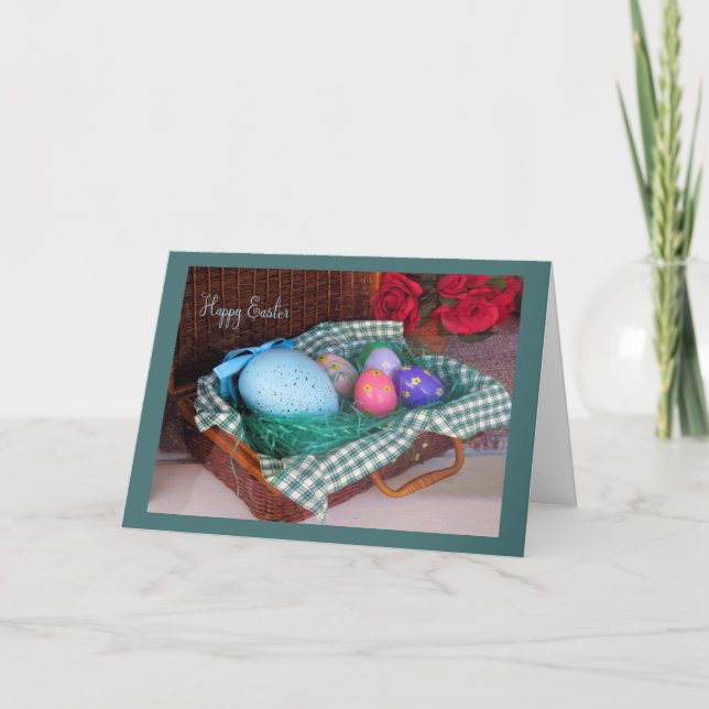 Old Fashion Easter Basket Card with Colourful Eggs (Front)