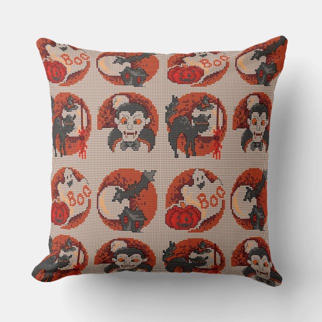 Old Fashion Halloween Faux Cross-Stitch Pillow (Front)