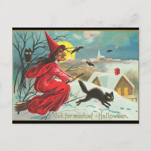 Old Fashion Halloween Witch, Flying, Black Kitty Postcard (Front)
