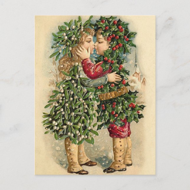 Old Fashion Holly Kids Kissing Christmas Holiday Postcard (Front)