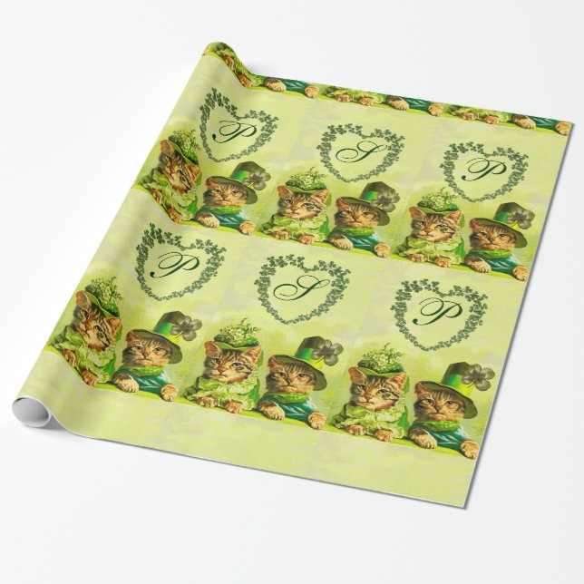 OLD FASHION ST.PATRICK'S DAY CATS HEART MONOGRAM WRAPPING PAPER (Unrolled)
