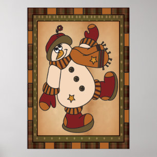 Old Fashion Styled Snowman Art in Plaid Poster