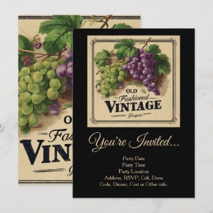 Old Fashion Vintage Grapes, Purple and Black Wine Invitation