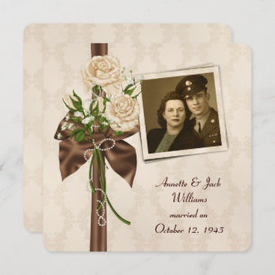 Old-fashioned Anniversary with roses on damask Invitation