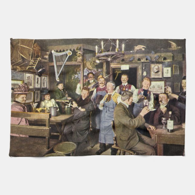 Old Fashioned Bar with People Celebrating, a Party Tea Towel (Horizontal)