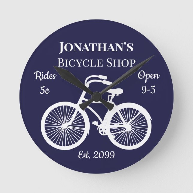 Old Fashioned Bicycle Shop Rides 5¢ Round Clock (Front)