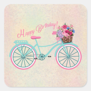 Old Fashioned Bicycle with Flowers Happy Birthday Square Sticker