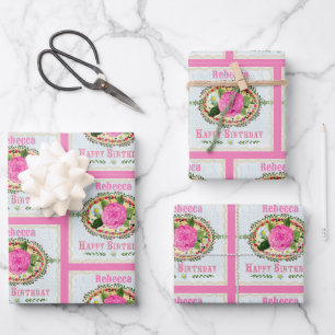 Old-fashioned Birthday Greeting Add Name Pink Wrapping Paper Sheet