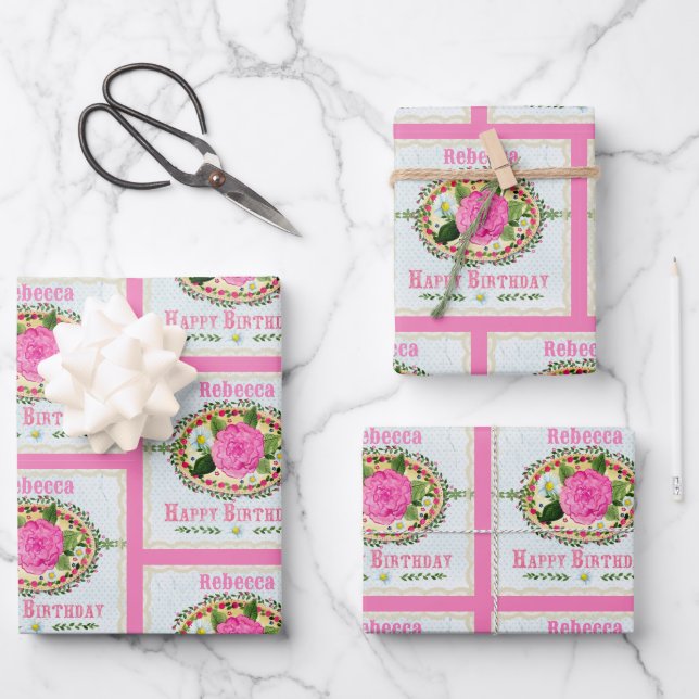 Old-fashioned Birthday Greeting Add Name Pink Wrapping Paper Sheet (Front)