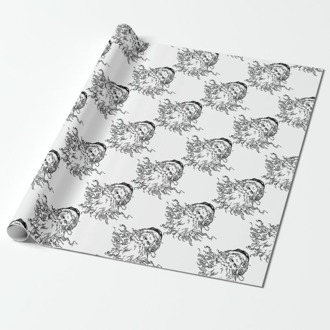 Old-Fashioned Black and White Santa Wrapping Paper (Unrolled)